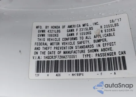 2017 Honda Accord Ex from USA, damaged, VIN 1HGCR2F72HA270051